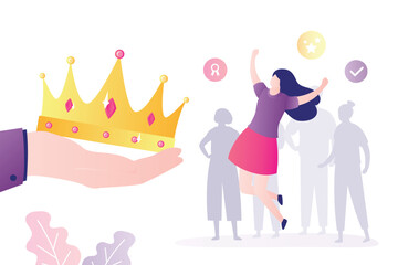 Human hand give gold crown for happy user woman or winner. Subscriber or follower with VIP status, winner, luxury premium. High quality, premium account. Privileges for vip.