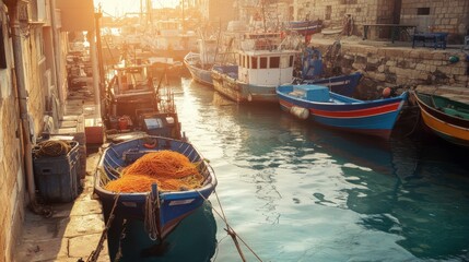 Obraz premium Colorful Vessels in a Busy Harbor Setting