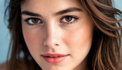 Obraz premium A close-up photograph of a woman's face with brown eyes and long eyelashes, set against a plain grey background.