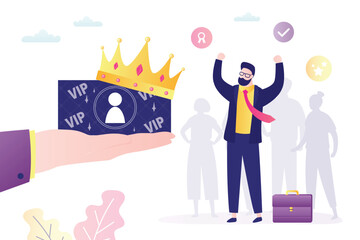 Human hand give gold member card for happy user or subscriber. Big business card with golden crown. VIP status, winner, luxury premium. High quality, premium account.