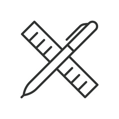 Pencil and ruler, icon in line design. Pencil, ruler, drawing, measurement, drafting, design tool, geometry on white background vector. Pencil and ruler editable stroke icon