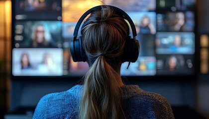 Woman edits video clips at home studio