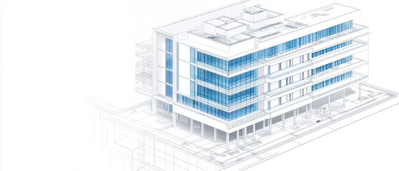 CAD-style architectural illustration of a modern hospital building under construction, with a focus on its clean white facade and blue-tinted glass panels