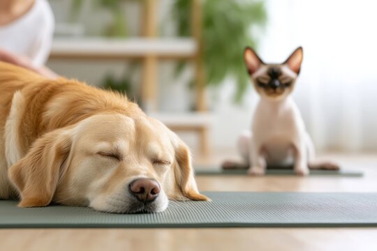 Relaxing Dog And Cat In Yoga Setting Together