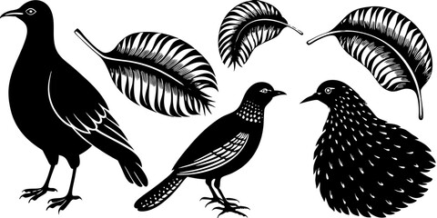 Black and white illustration, silhouettes of birds, stylized feathers, graphic design, nature motif, minimalist art, contrasting shapes, folk art inspired, woodcut style, decorative elements, simplifi