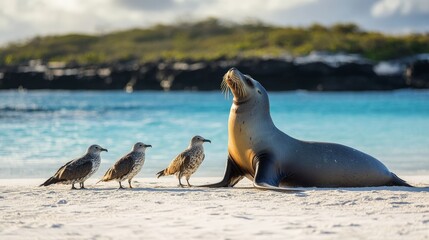 Obraz premium Sea lion with birds on sandy beach in scenic marine landscape