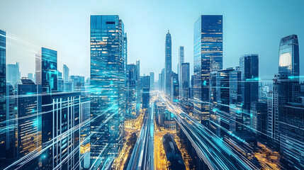 A futuristic cityscape with skyscrapers and buildings adorned in blue technology, with greenery on the roofs of some buildings
