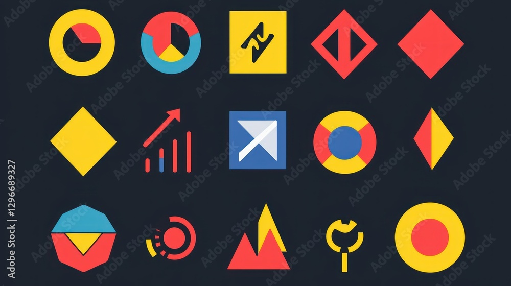 Poster a bold and dynamic icon set in primary colors, ideal for impactful visuals.