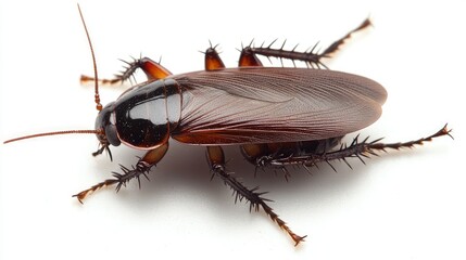Fototapeta premium Dark brown cockroach with glossy exoskeleton resting on a neutral white surface