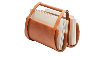Stylish leather book holder for organized workspace. Stylish leather magazine holder with a handle, designed for organizing books, newspapers, or documents. Perfect for home or office decor.