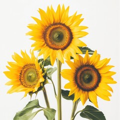 Obraz premium Sunflowers in full bloom amidst a white background exude vibrant cheerfulness and natural beauty