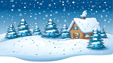 Fototapeta premium A snowy winter scene featuring a cabin and evergreen trees