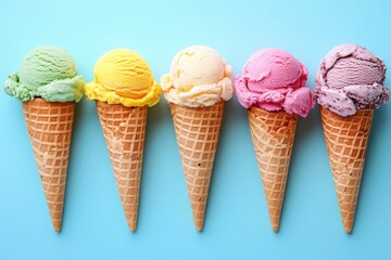Colorful ice cream cones in a row on a pastel blue background
