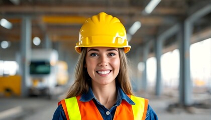 A woman wearing a yellow hard hat and orange safety vest is standing in an industrial setting.