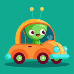 Cute Cartoon Green Alien Driving Orange Toy Car in Playful Children's Illustration