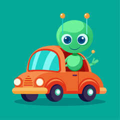 Cute Cartoon Green Alien Driving Orange Toy Car in Playful Children's Illustration