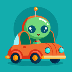 Cute Cartoon Green Alien Driving Orange Toy Car in Playful Children's Illustration