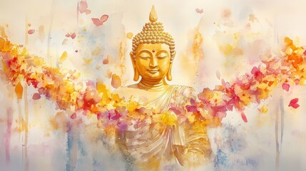 Obraz premium A watercolor painting of floral garlands surrounding a golden Buddha statue, with soft pastel tones and delicate brush strokes, evoking a serene and peaceful ambiance