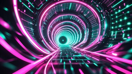 Fototapeta premium A captivating tunnel featuring mesmerizing neon lights in shades of pink and teal