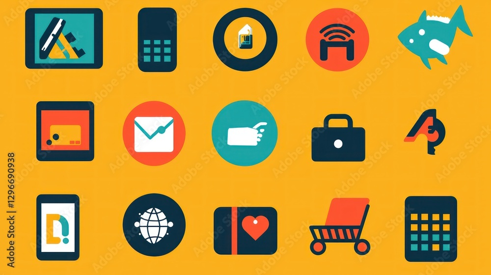 Poster A bold icon collection emphasizing pandemic-related changes like remote work and contactless payment systems.