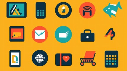 A bold icon collection emphasizing pandemic-related changes like remote work and contactless payment systems.