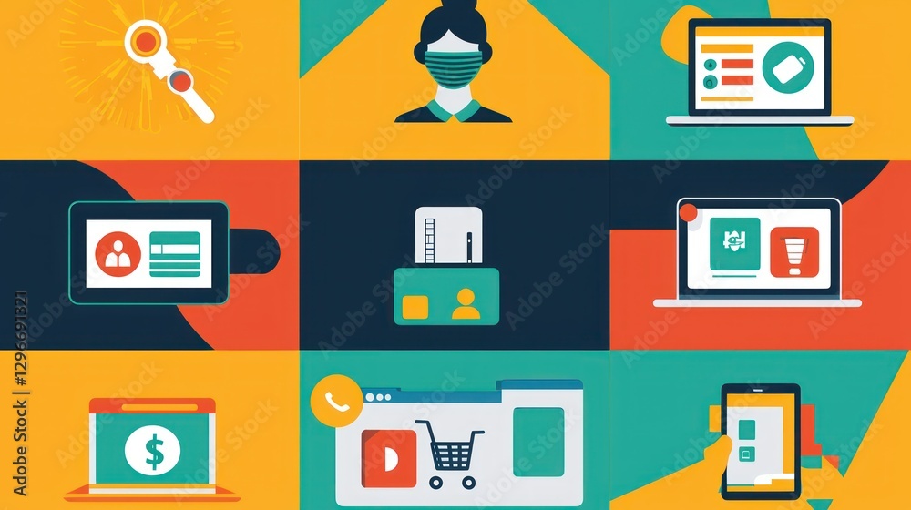 Poster A bold icon collection emphasizing pandemic-related changes like remote work and contactless payment systems.