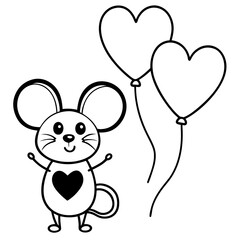 Cute Cartoon Mouse with Heart and Flower Balloons in Kawaii Black and White Line Art