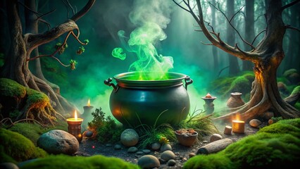 Mystical Witch's Poisonous Brew: Long Exposure Photography of a Cauldron with Glowing Elixirs