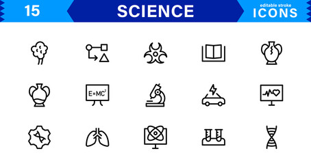 Minimalist Science Icon Pack. Flat, Line, and Outline Icons for Technology, Chemistry, Biology, and Scientific Studies