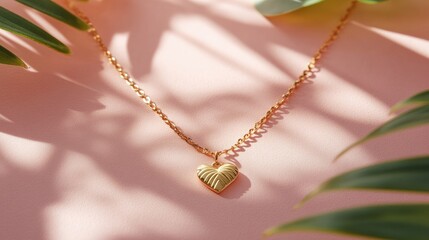 Fototapeta premium Delicate gold chain with a heart-shaped pendant on a matte pink surface