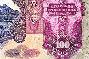 Vintage elements of old paper banknotes.Bonistics.Hungarian banknote at 100 pengos, 1930 year.Fragment banknote for design purpose.