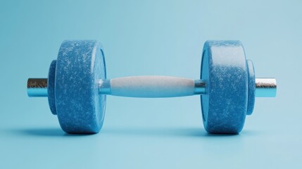 Obraz premium Blue dumbbell resting, strength training equipment on light blue seamless background