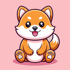  Cute Cartoon Fox in Kawaii Style with Big Eyes and Fluffy Tail on Pink Background