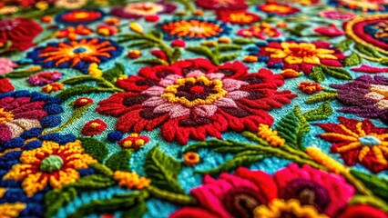 Macro Photography: Richly Colored Embroidered Rug, Floral Detail, Close-Up, Textile Art, Persian Rug, Oriental Rug, Carpet, Embroidery, Thread, Fabric Texture