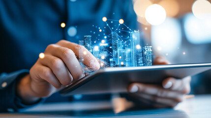 Businessman Managing Global Internet Network in Modern Workspace