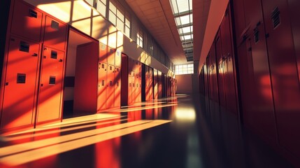 Empty school hallway with red lockers bathed in bright sunlight streaming from windows in long perspective