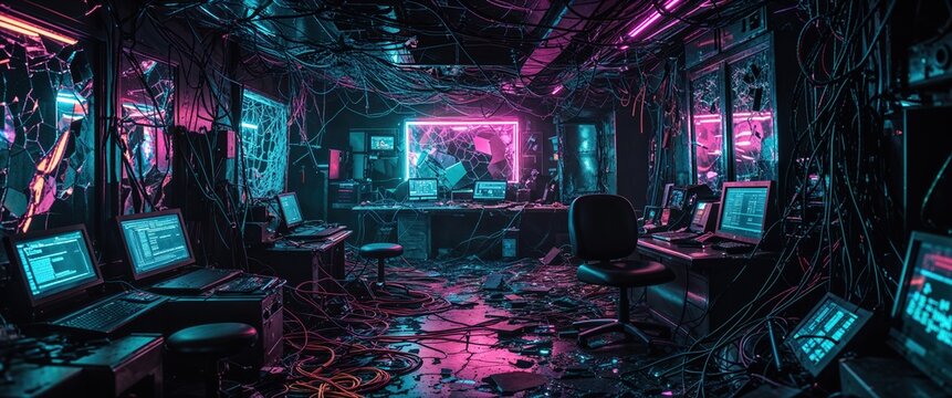 A high-tech lab filled with tangled wires and glowing neon lights presents an abandoned, cyberpunk atmosphere. Flickering screens display cryptic data amidst the chaos