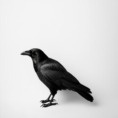 Majestic Black Raven Perched Against Minimalist White Background