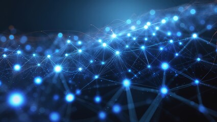 Fototapeta premium Glowing blue nodes and lines create a complex network against a dark, futuristic backdrop, evoking a sense of advanced technology and innovation in a digital landscape