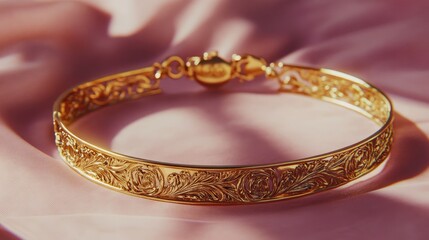 Elegant gold choker necklace with detailed engravings resting on a smooth pink surface