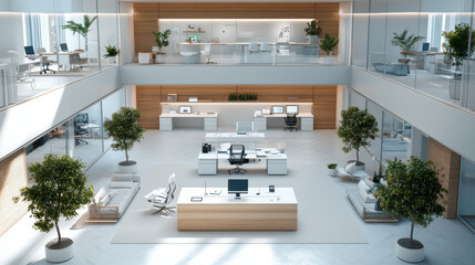 Modern office interior design featuring open spaces, collaborative areas, and greenery. layout promotes productivity and creativity in bright, airy environment