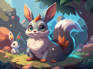 Cute Cartoon Fennec Foxes with Big Ears and Fluffy Tails in a Magical Tropical Forest