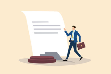 A vector illustration representing law and legal services. It features a giant gavel, a legal document, and a businessman with a briefcase, symbolizing justice, contracts, and legal professionals.