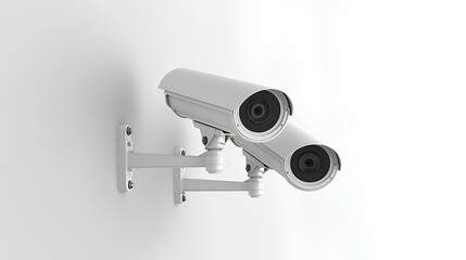 Fototapeta premium two CCTV cameras on the wall, in a white color palette, with a minimalistic design on a white background 
