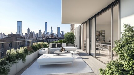 Modern apartment balcony with white outdoor furniture, city skyline views, and greenery.