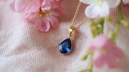 Elegant sapphire pendant placed on a textured blush pink background