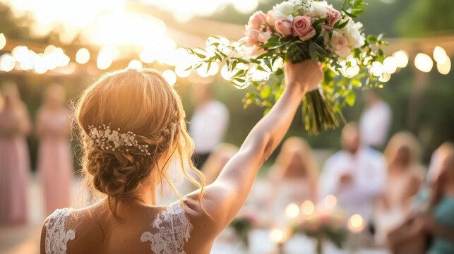 A bride tossing her wedding bouquet to the single guests during the reception.