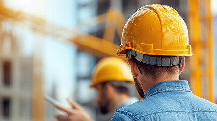 Construction workers wearing yellow hard hats discuss plans on site. focus is on teamwork and safety in construction environment
