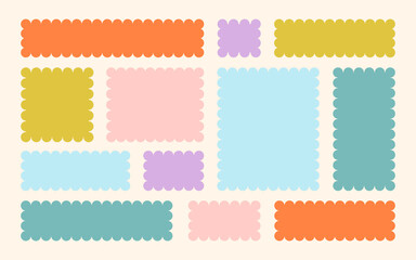 Frames Scalloped Vector Corrugated Bento Grid Shapes Set. Scallop Frame Wavy Retro Stickers Collection. Zig Zag Edge Geometric Borders Tag Boxes. Wiggle Line Design Sign Background. Isolated