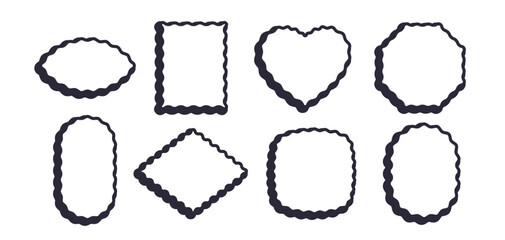 Frames Scalloped Vector Corrugated Shapes Set. Scallop Frame Wavy Retro Stickers Collection. Zig Zag Edge Geometric Borders Tag Boxes. Wiggle Line Design Sign Backgrounds. Isolated